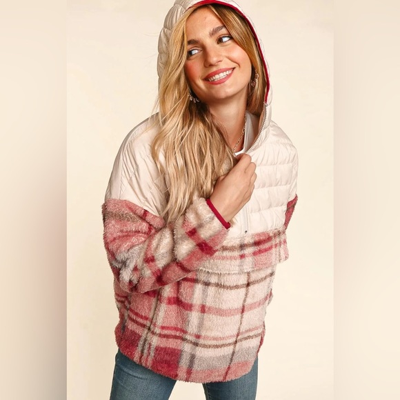 Taupe & Pink Half-Zip Plaid Hooded Sherpa Fleece & Puffer Winter Woman  Pullover - Picture 6 of 16
